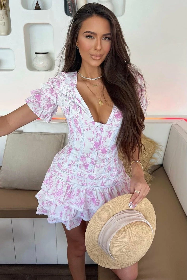 Jessica Bara Cooper Short Sleeve Ruffle Mini Dress Influencer Style