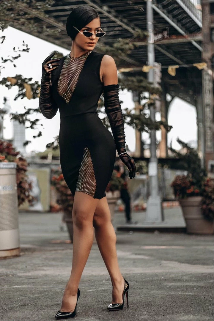 Jessica Bara Izzy Sleeveless Crystal Patchwork Dress Influencer Style