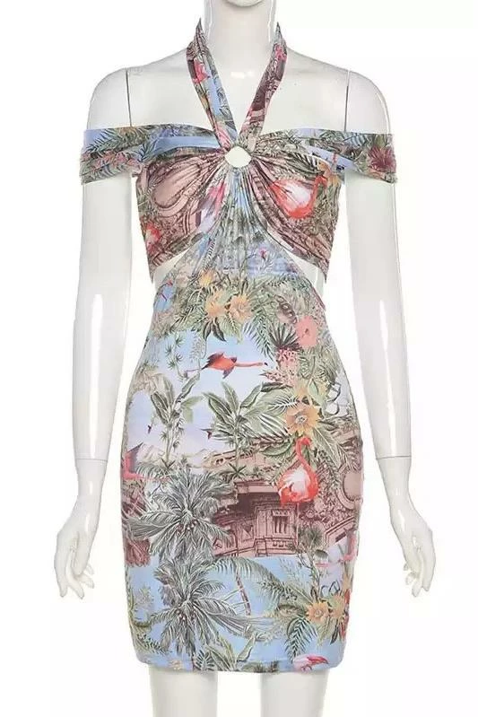 Jessica Bara Vienna Printed Halter Neck Mini Dress Birthday Suit