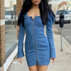 Influencer Style Jessica Bara Francine Puff Shoulder Denim Mini Dress