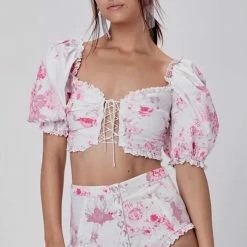 Jessica Bara Dalary Puff Shoulder Lace Up Crop Top Summer Lovin'