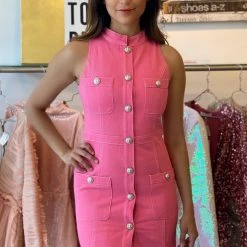 Influencer Style Jessica Bara Darielle High Neck Pink Denim Mini Dress