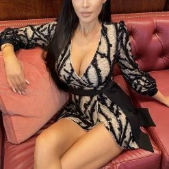 Jessica Bara Madyson Long Sleeve Glitter Belted Mini Dress