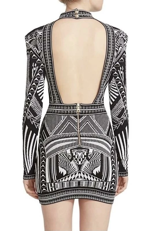 The Event Shop Jessica Bara Ursula Jacquard Long Sleeve Open Back Dress