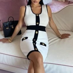 Jessica Bara Julian Color Contrast Gold Button Mini Dress