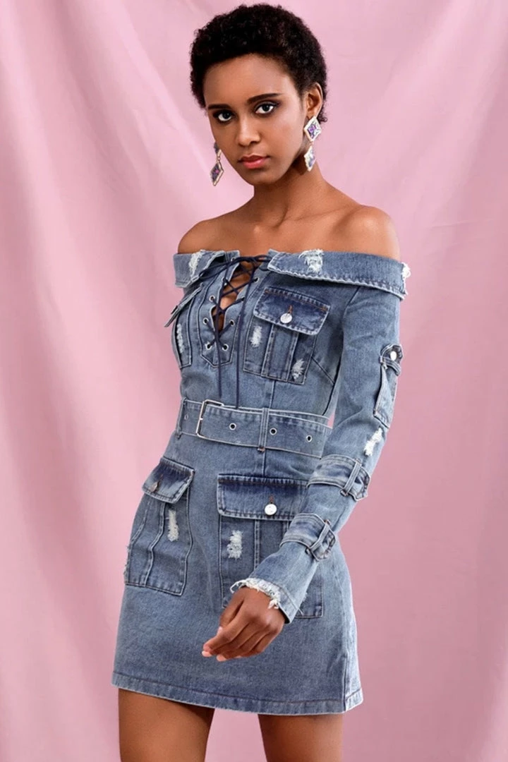 Influencer Style Jessica Bara Raissa Off The Shoulder Denim Mini Dress