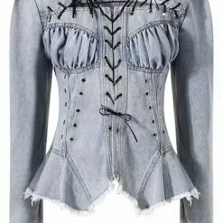 Jessica Bara Edith Fitted Denim Lace Up Top
