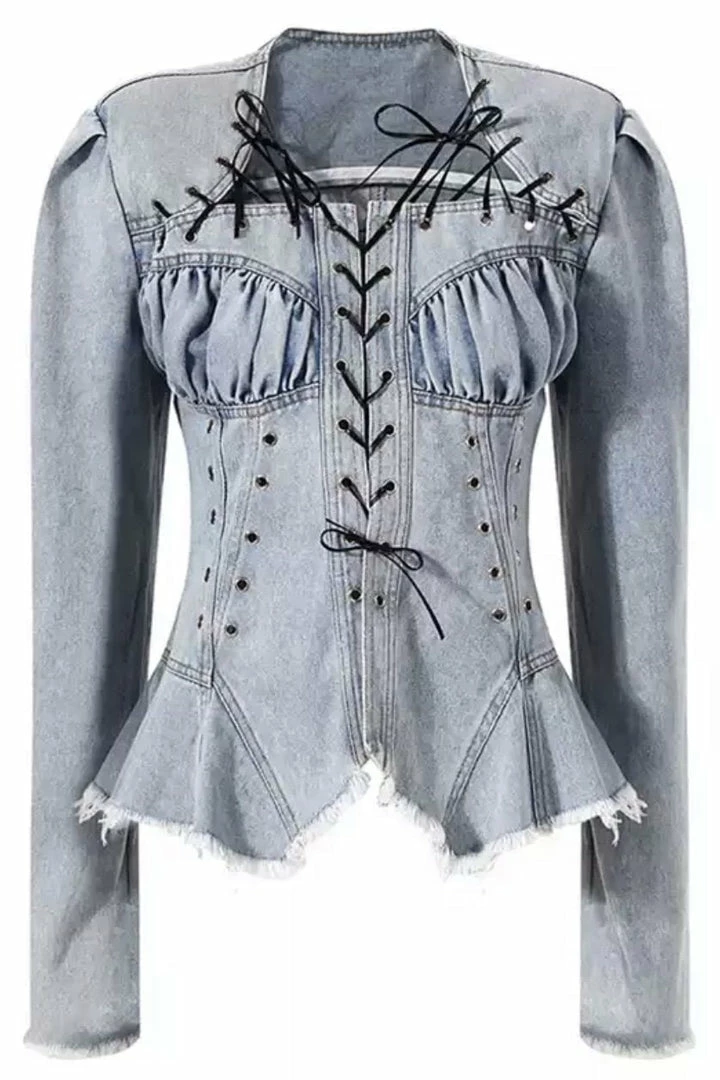 Jessica Bara Edith Fitted Denim Lace Up Top