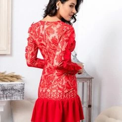 Jessica Bara Marvin Baroque Deep V Ruffled Sleeves Mini Dress