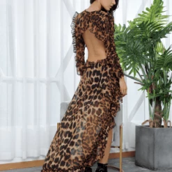Jessica Bara Lynn Leopard Cut-Out Hi-Lo Long Sleeve Dress Influencer Style