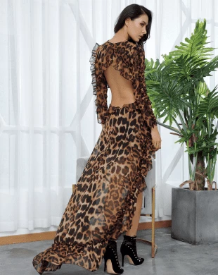 Jessica Bara Lynn Leopard Cut-Out Hi-Lo Long Sleeve Dress Influencer Style